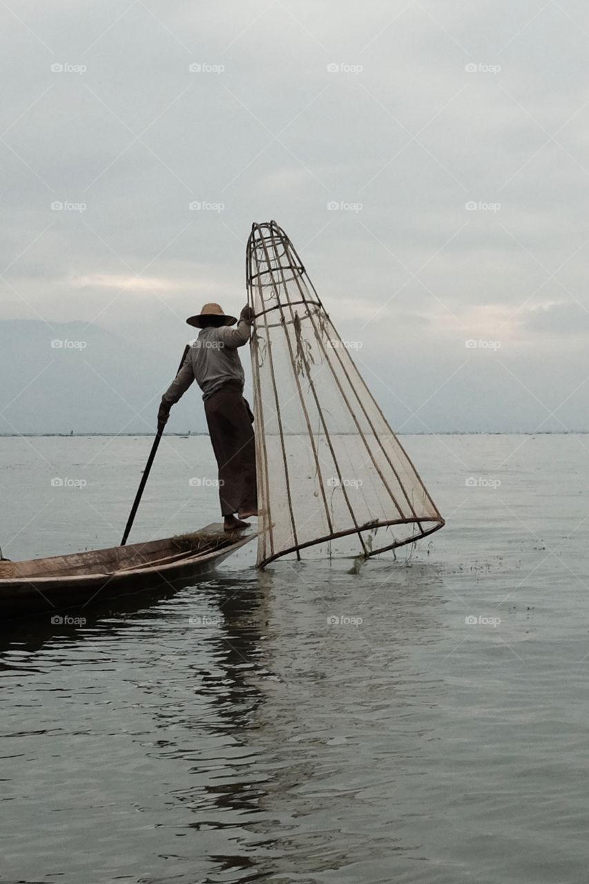 Traditional fishing in inle lake, myanmar