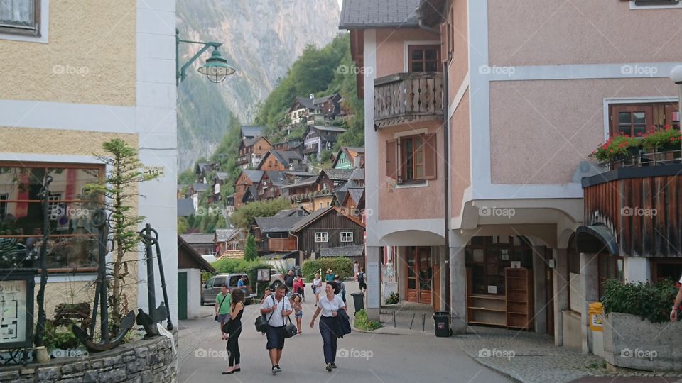 Hallstatt's main street next to the lake. It is considered one of the most beautiful villages in the world.