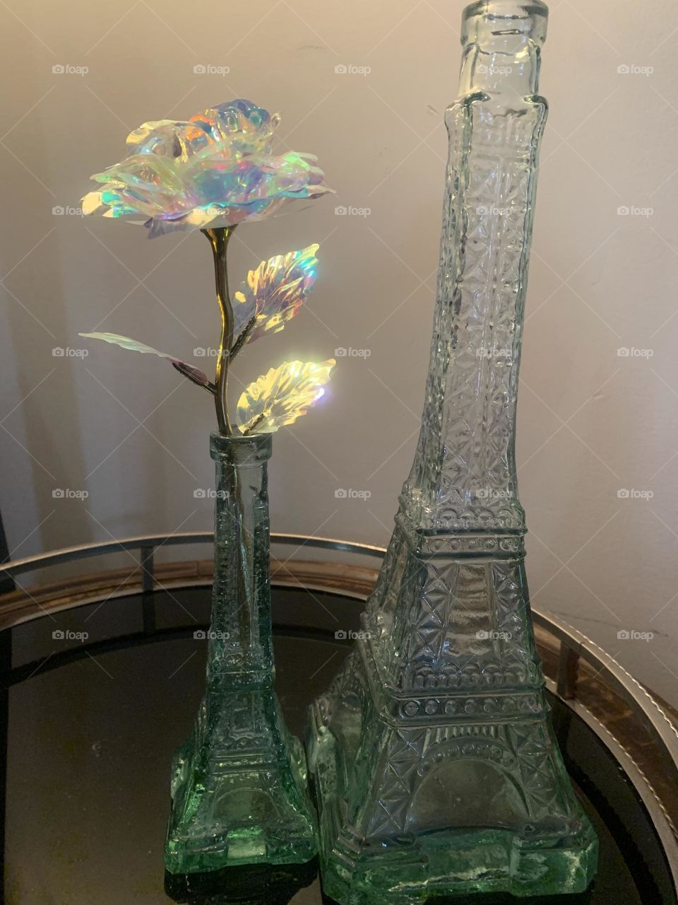 Iridescent rose in Eiffel Tower vase