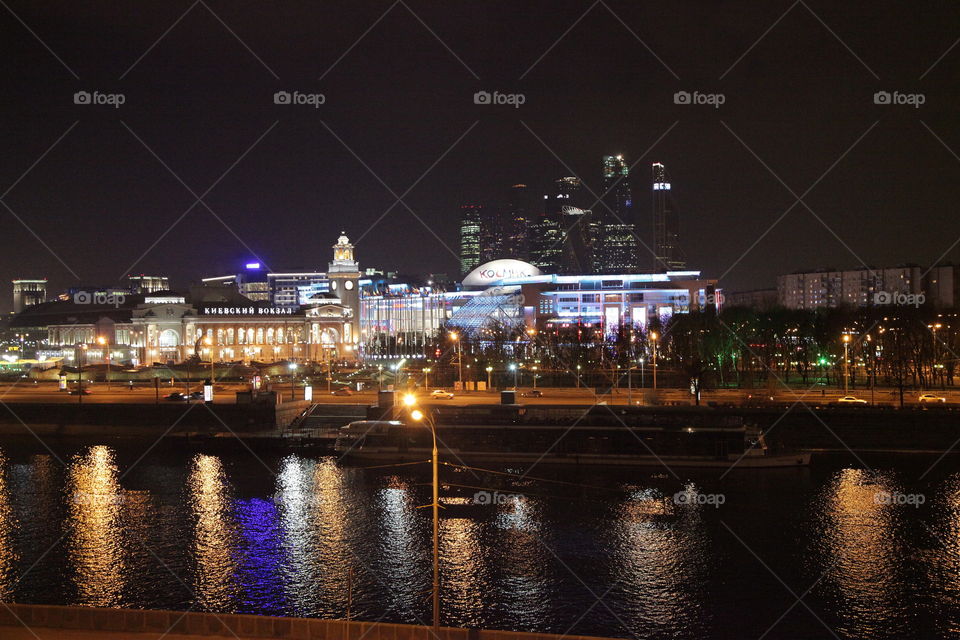 Berth, sunset, river,  Moscow, city, night city, Moscow does not sleep