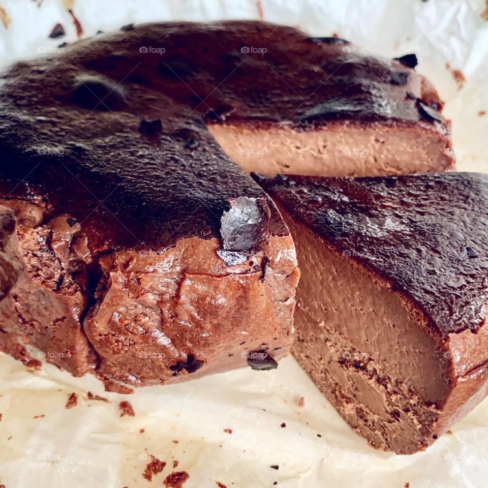 Homebaked Dark chocolate basque burnt cheesecake so oozing with cheesy goodness 