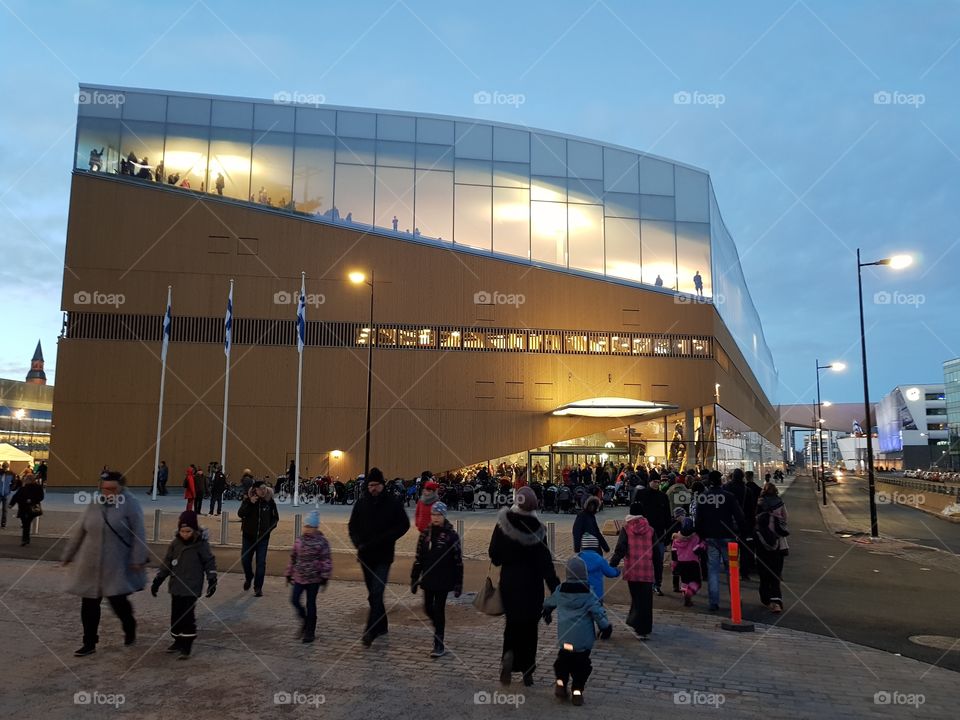 Helsinki, Finland - December 6, 2018: New Central Library Oodi one day after opening on independence day of Finland.