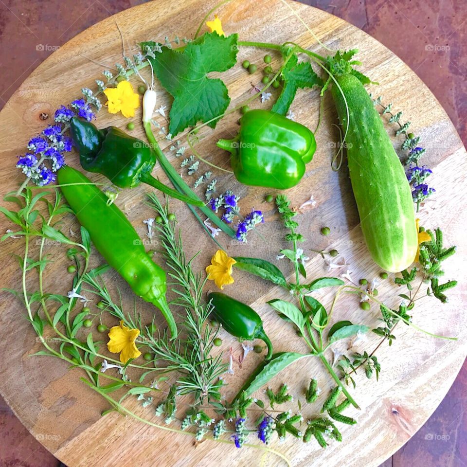 Assortment of fresh picked veggies and herbs.