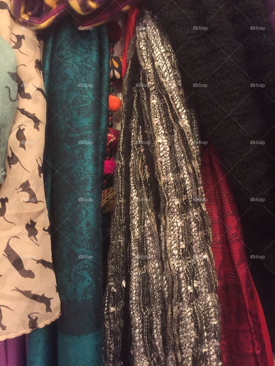 Multiple scarves, varying colors