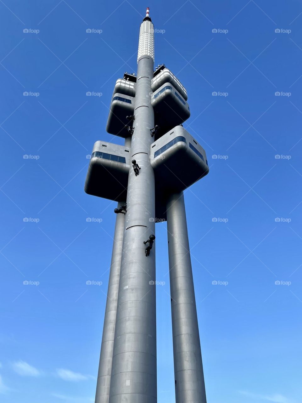 The famous Zizkov Television Tower, unique transmitter tower built in Prague between 1985 and 1992. The tower is an example of high-tech architecture. 