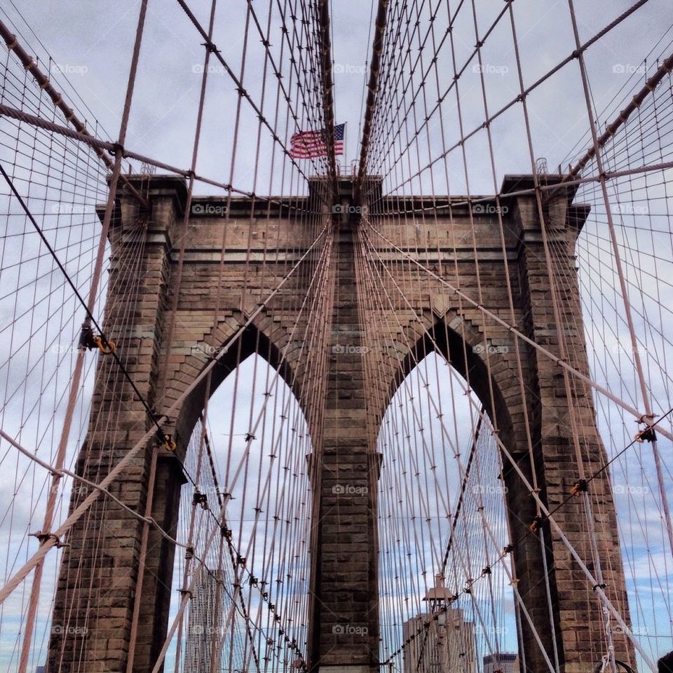 Close up of The Brooklyn Bridge in the morning.
