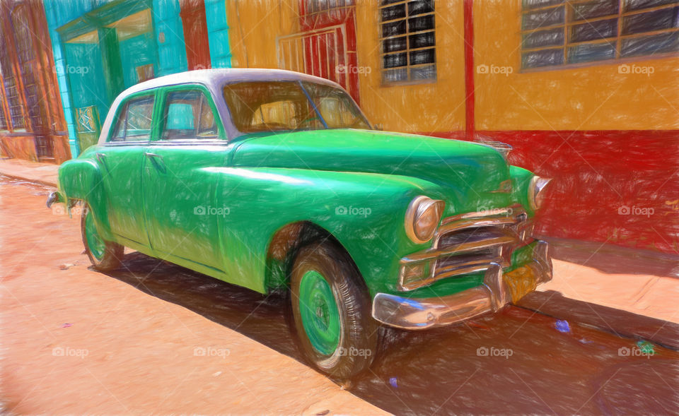 Digital drawing of a classic American car in the streets of old Havana, Cuba.