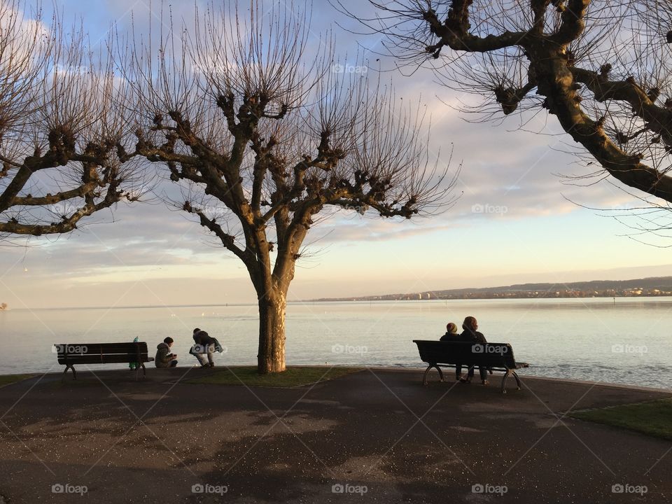 People sitting on a bench and enjoying the lake view late in the afternoon on a winter day - at Lake Constance in South Germany