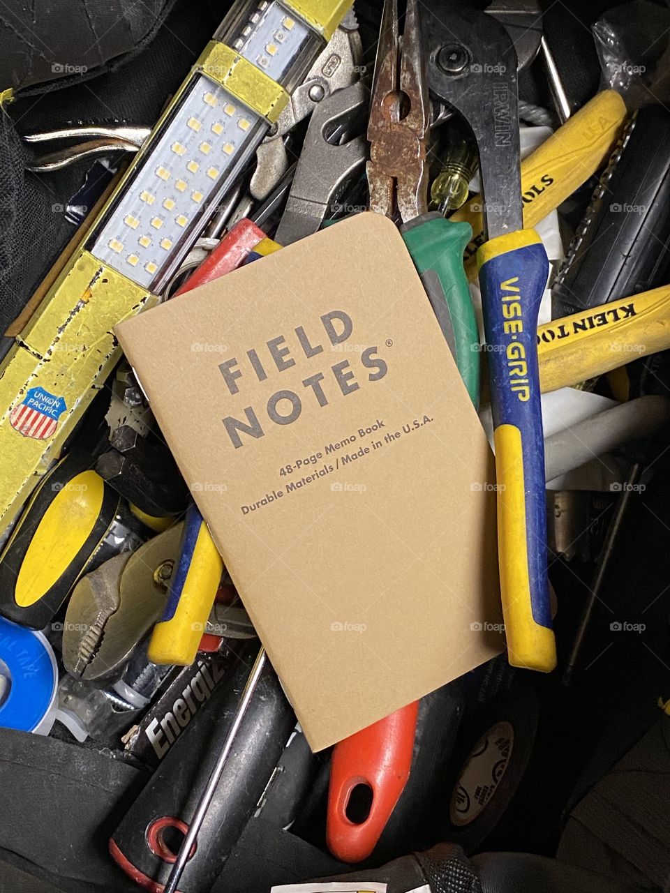 Field notes book inside tool bag￼