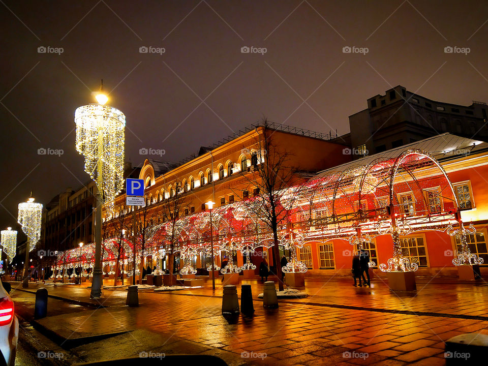 Moscow in the evening.  New Year street decorations.