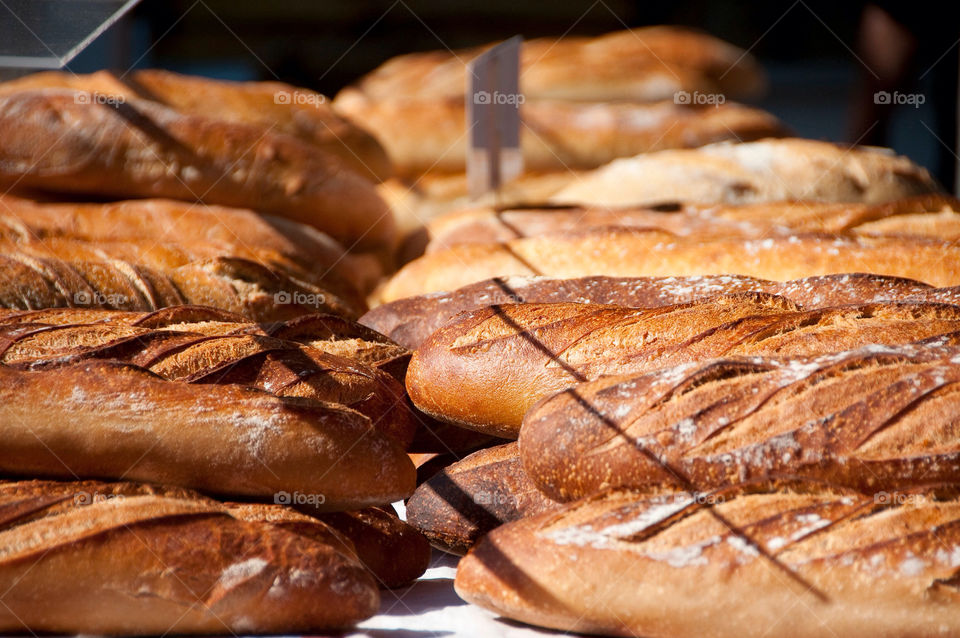 French bread on display at the farmers market in France