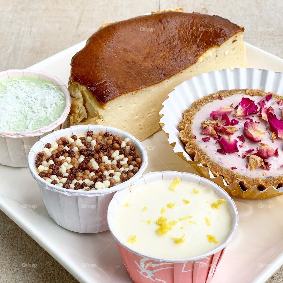 Omakase box of tofu tarts and tofu cups and basque burnt cheesecake 