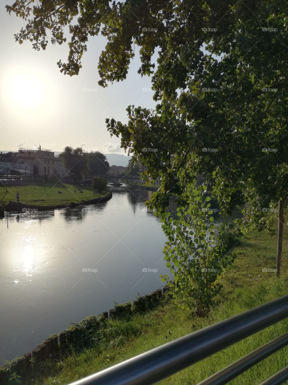 The sun is reflected in the river