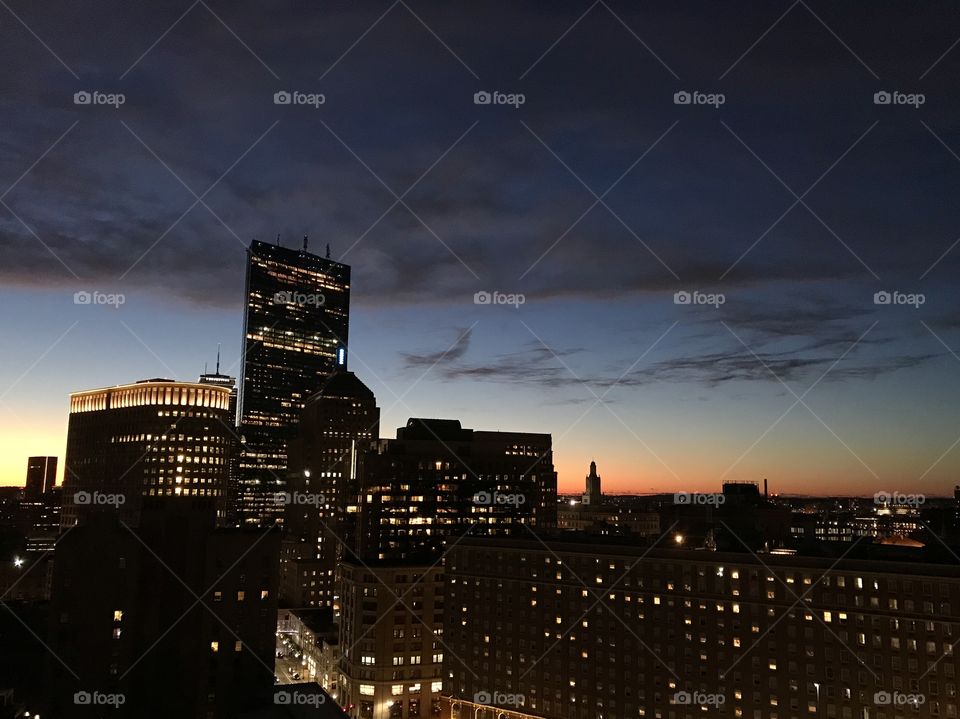 Boston skyline at sunset
