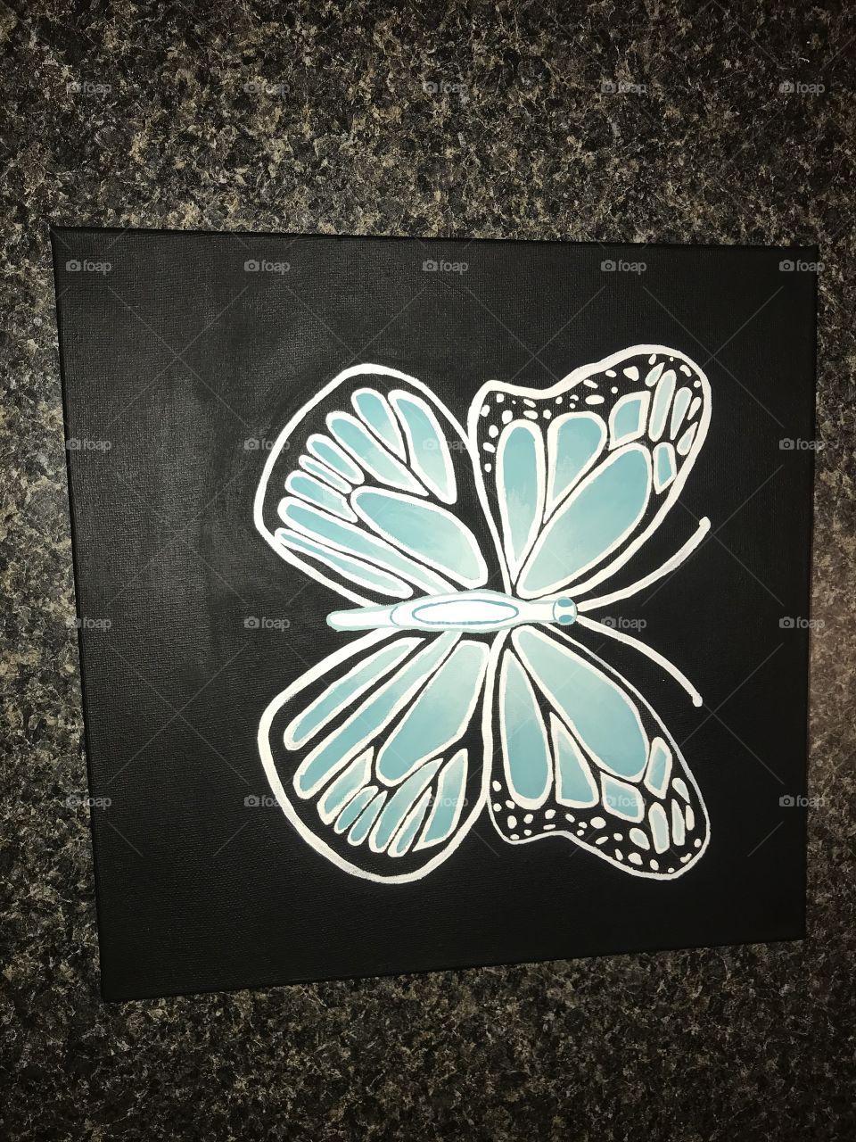 Beautiful fully painted canvas of a butterfly in blue and white on a background of black