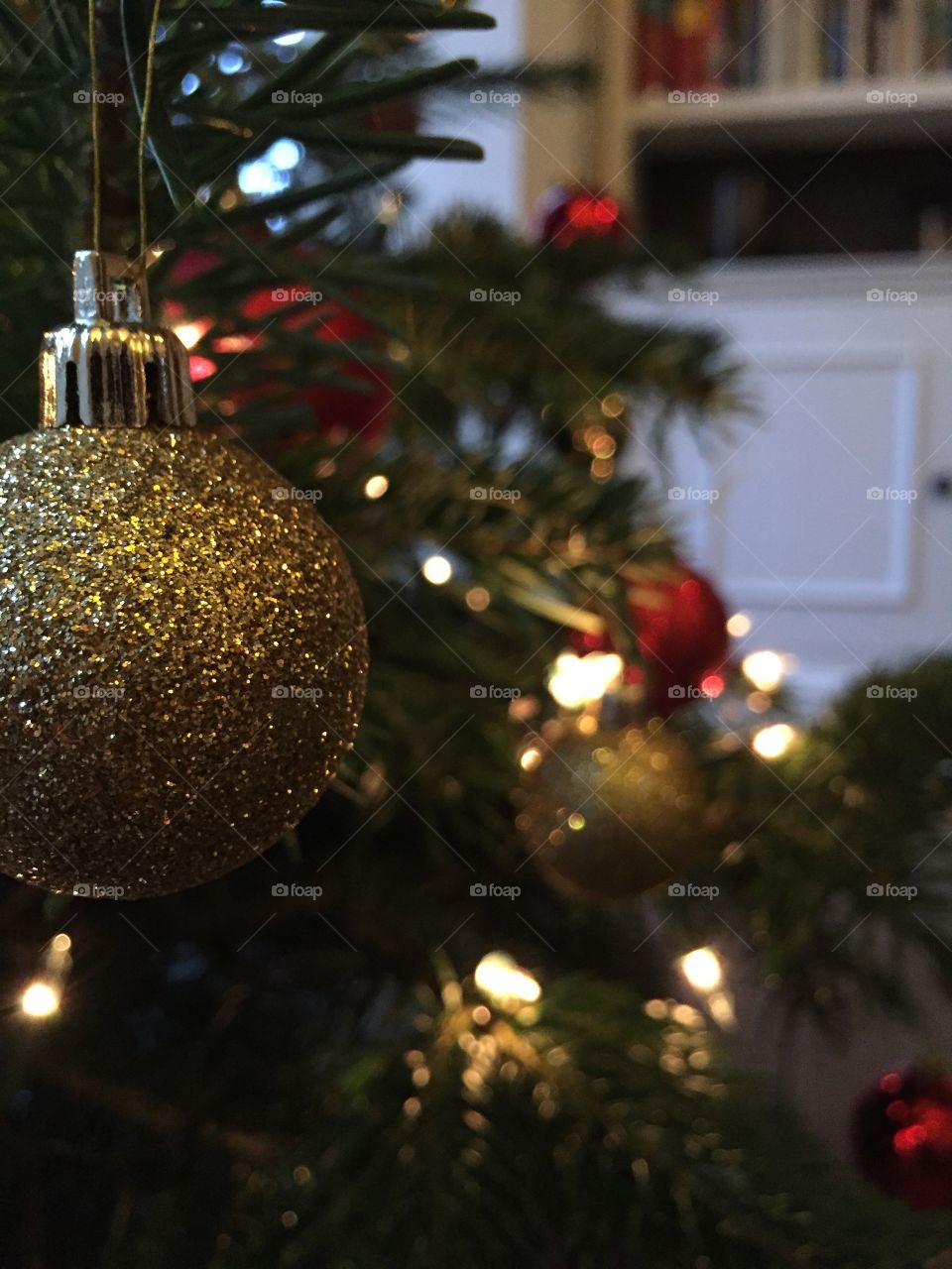 Close up of christmas tree with baubles