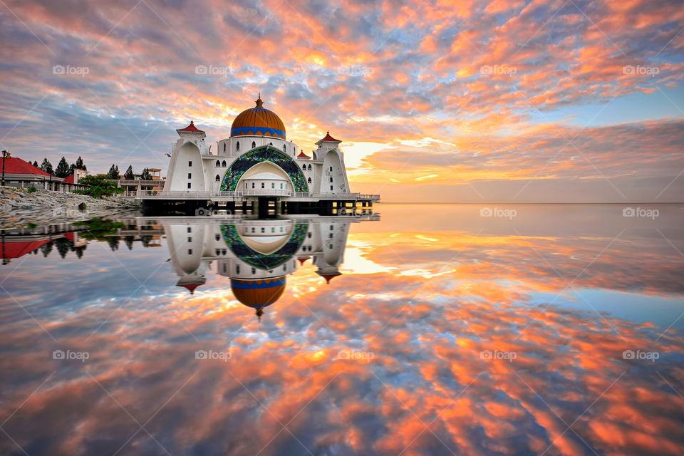 Sunrise reflections over the Malacca Straits Mosque, Malaysia