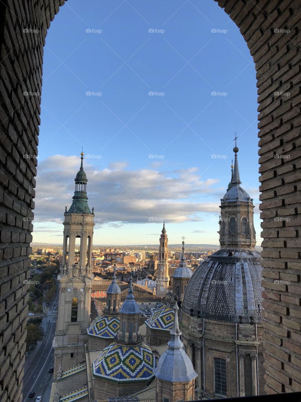 The view from above. Cathedral spires and domes decorated in stunning mosaic and tile. 