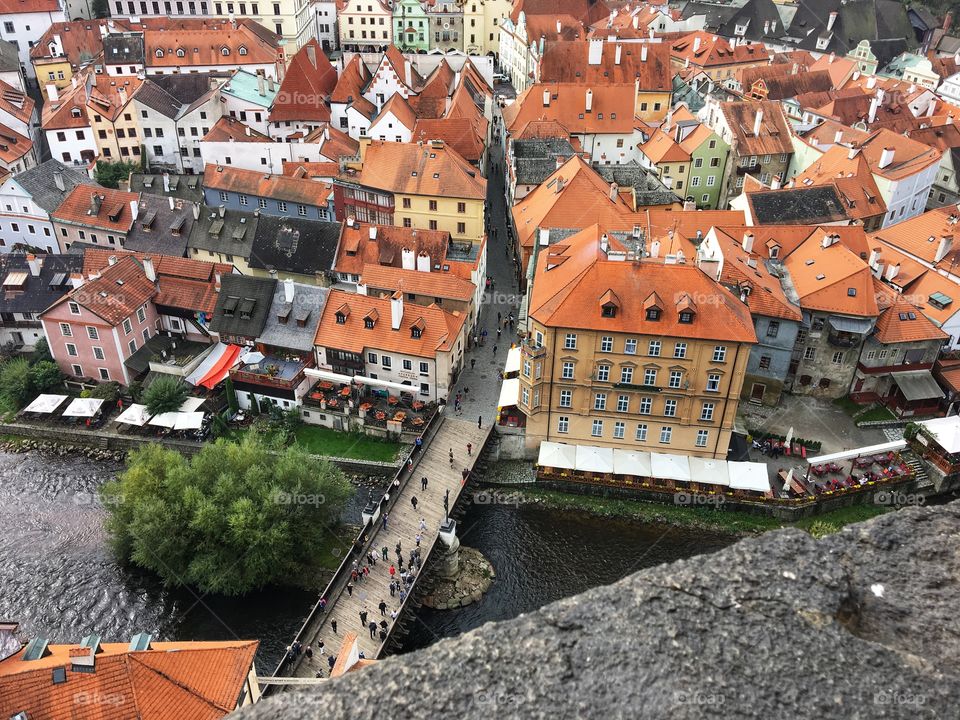 View from the tower of Cesky Krumlov ... lots of red rooftops and cobblestone footpaths 