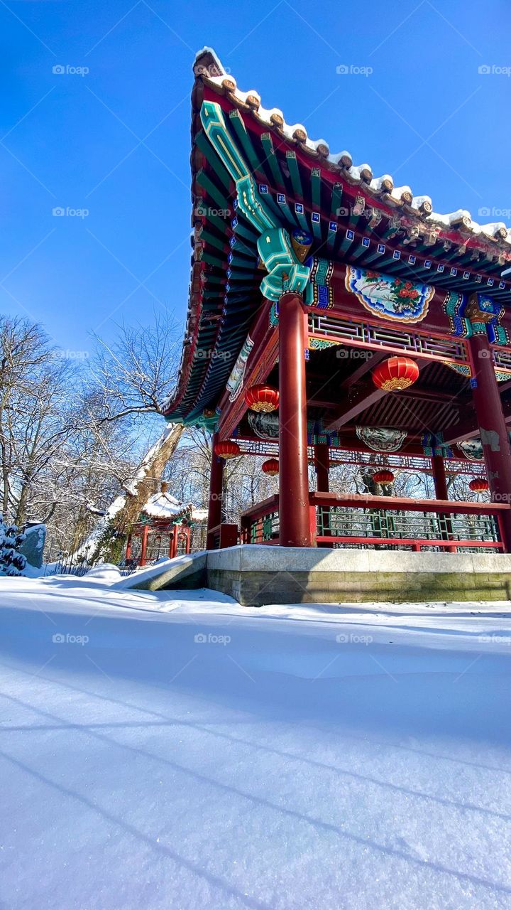 Chinese gazebo in winter, Warsaw, Poland