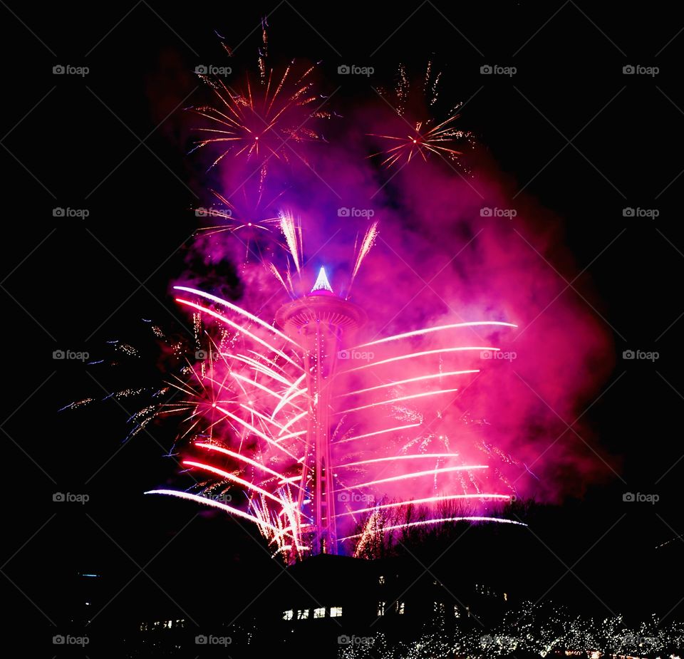 New year fireworks at space needle in Seattle USA