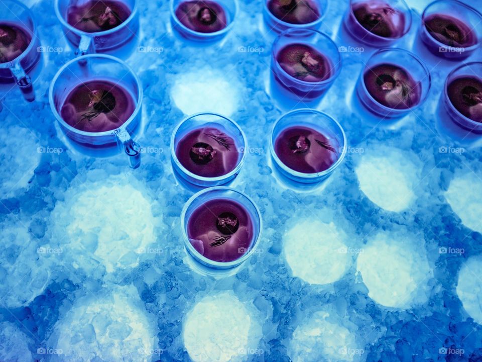 Cold Strawberry jellies in glasses kept in ice