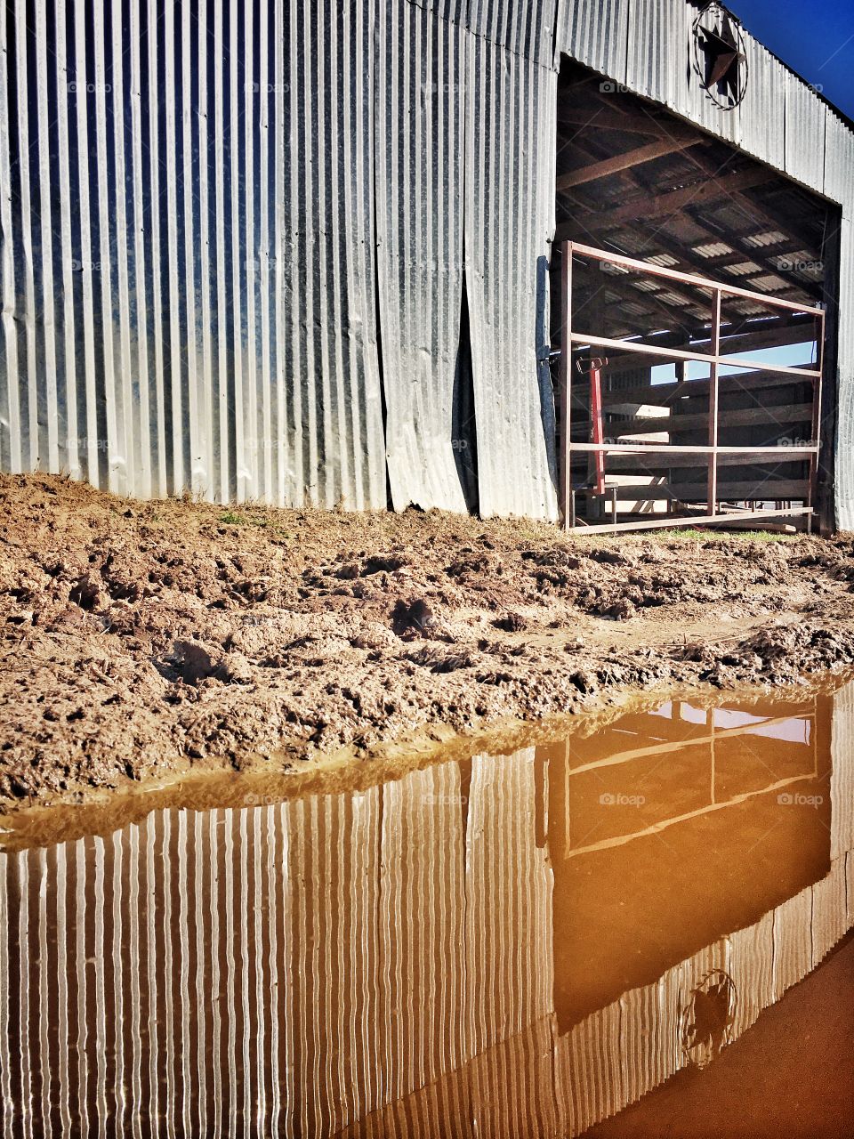 Muddy reflection of a barn. 