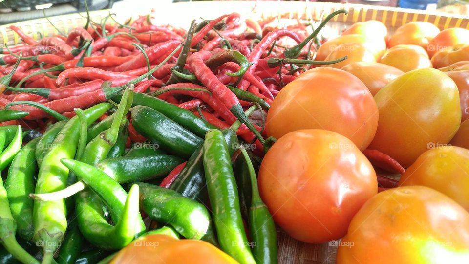 Tomato red chili and green chili in one container
