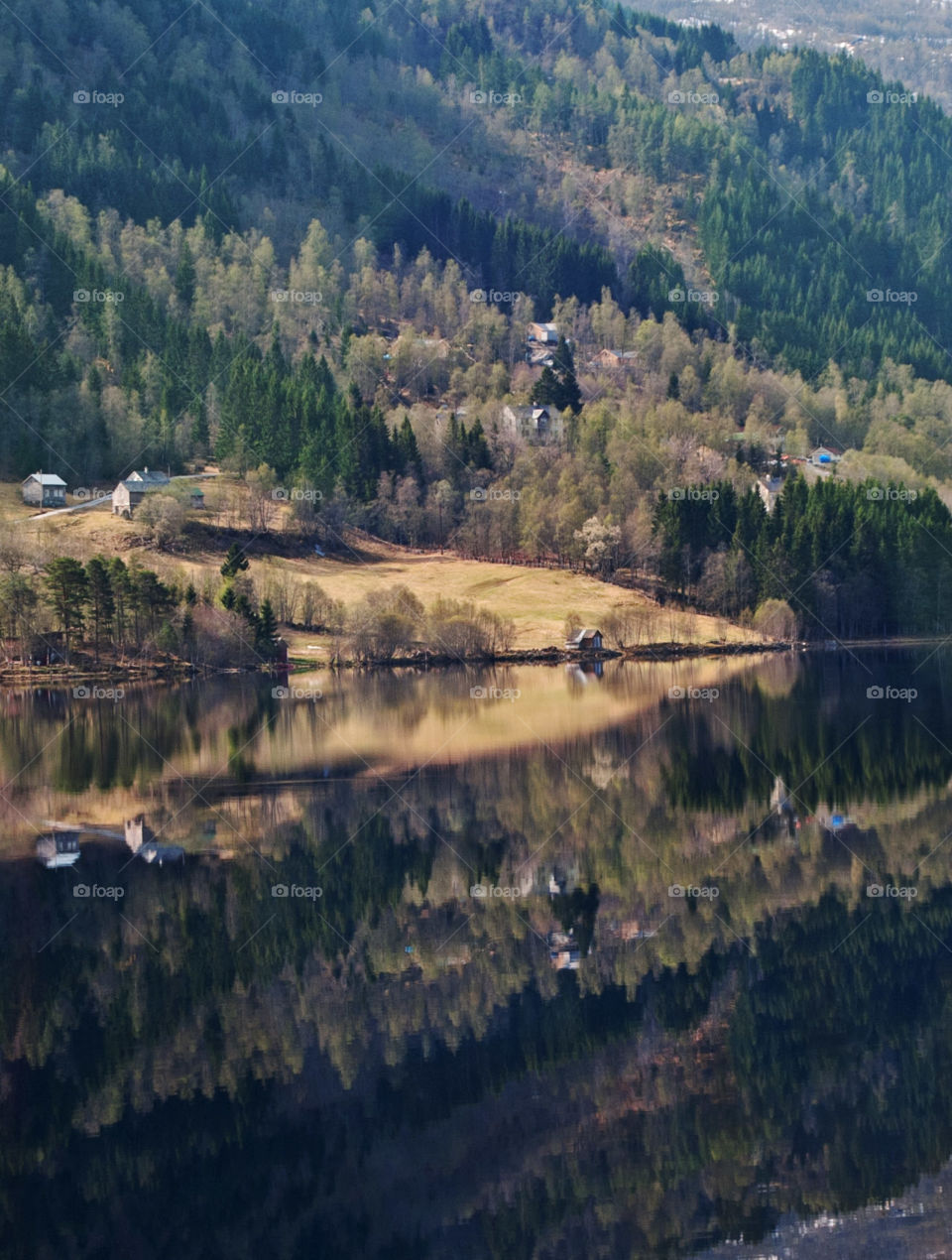 Landscape reflection photograph, taken in beautiful Flam in Norway. 
