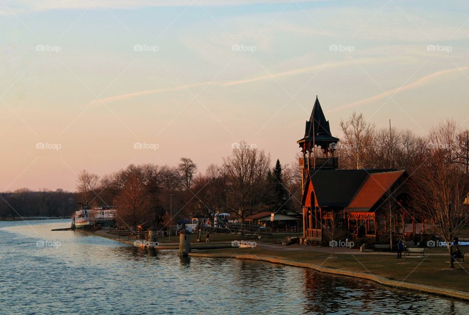 downtown park by the river during sunset