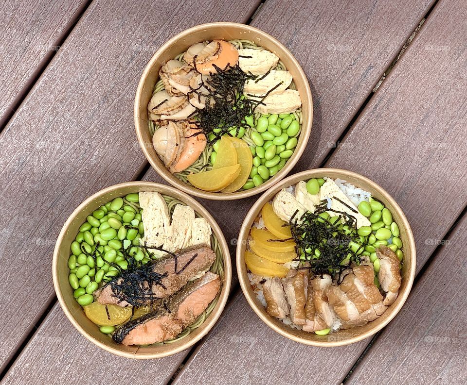 Wafu butter Japanese large hotate cha soba and teriyaki chicken donburi and Miri suki salmon cha soba 