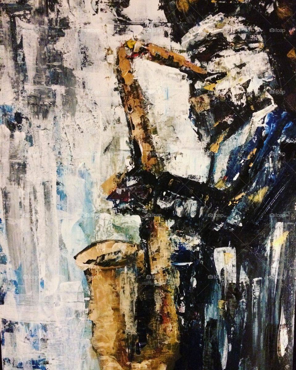 An awesome and original painting of a street performance with saxophone 