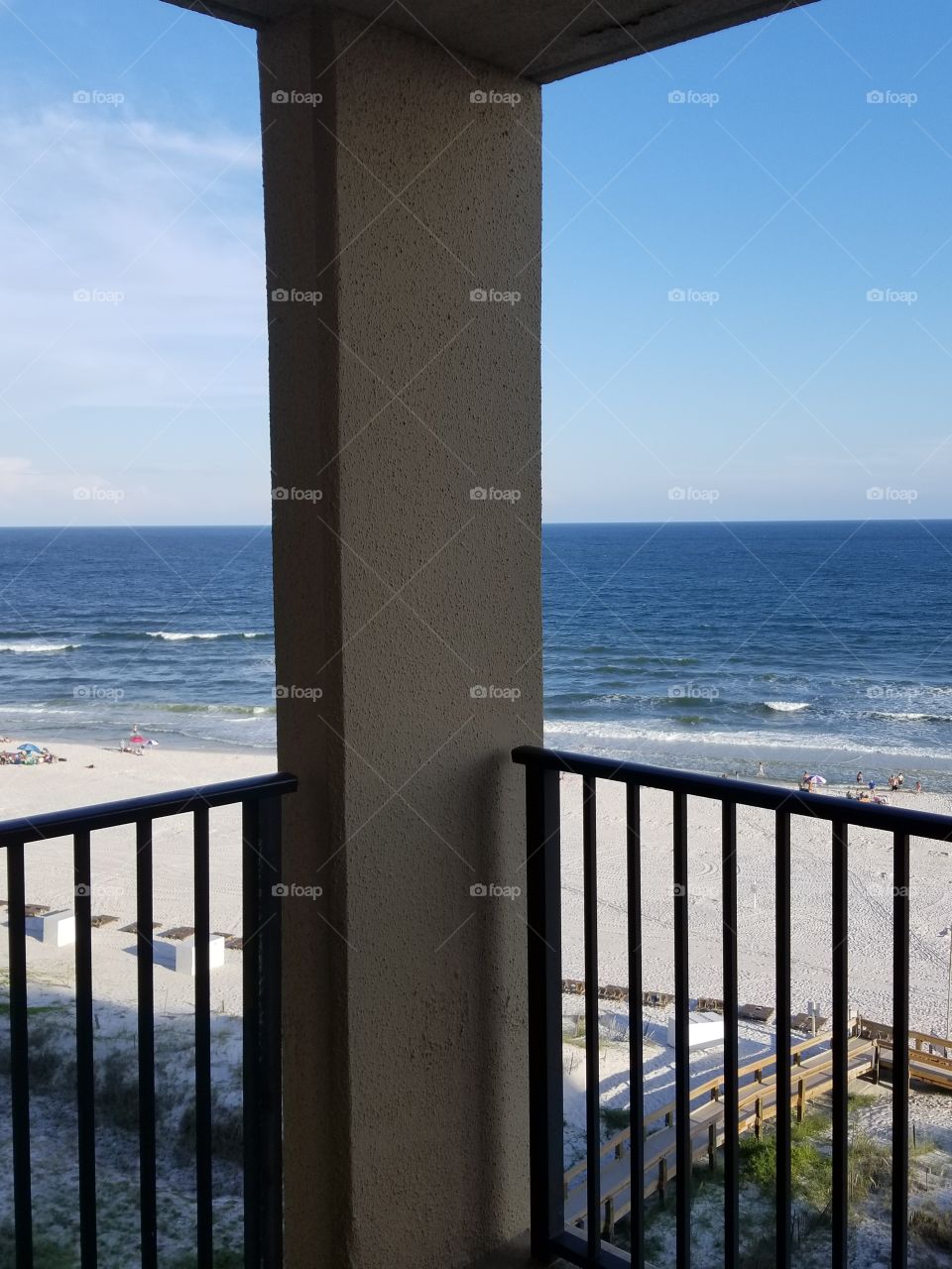 beach, balcony, 2 sides, blue ocean, white sands, boardwalk. blue sky, summer, Alabama the beautiful