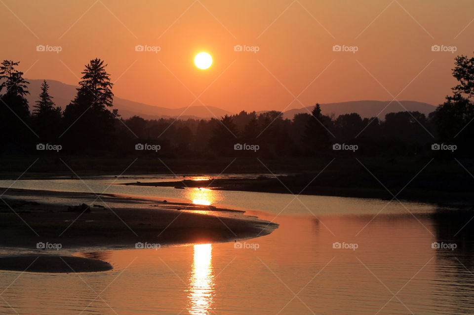 The setting sun is strongly reflected in the falling tidal waters of the estuary & the sky is orange & pink. The tree line, tidal flats & mountains are dark silhouettes focusing all attention on the glowing yellow sun, sky & water. Beautiful! ๐