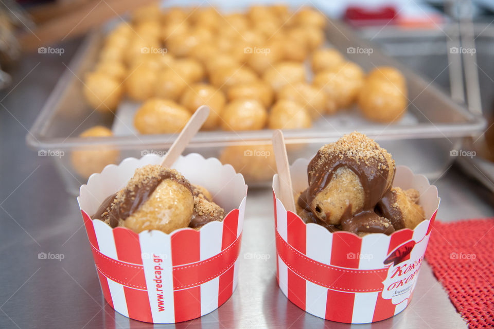 Greek Loukoumades Donuts With Honey, And Chocolate.