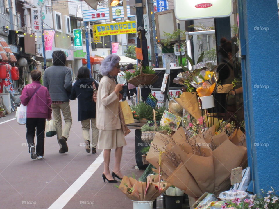 Fashionable Elderly Lady Shopping for Flowers in Nakameguro, Tokyo, Japan