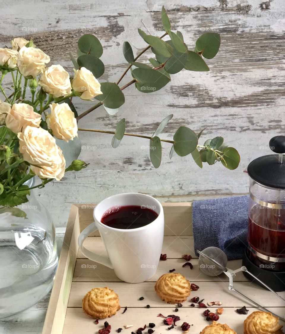 Tea and cookies on tray