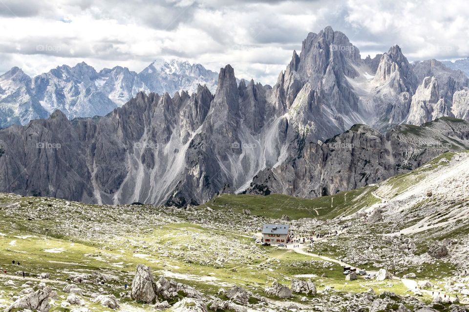 Beautiful dramatic mountain peaks in the Dolomites Italy on a cloudy summer day 