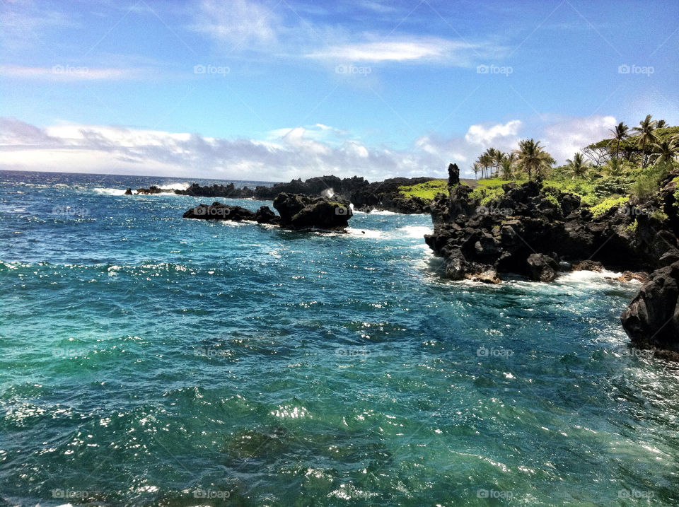 A view from Hana, Maui, Hawaii of the ocean on a clear day.