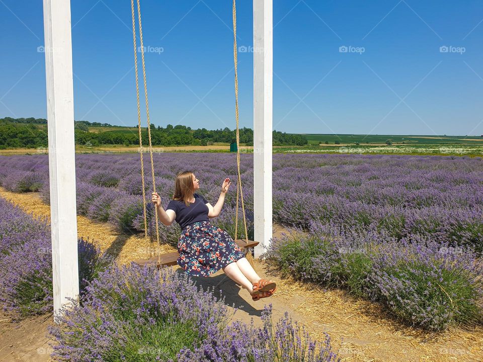 lavender field, swing, woman, summer, sunny day