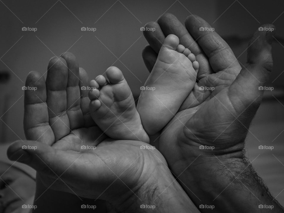 A beautiful view of the large father's hands holding the small legs of a newborn baby in their palms, close-up side view.