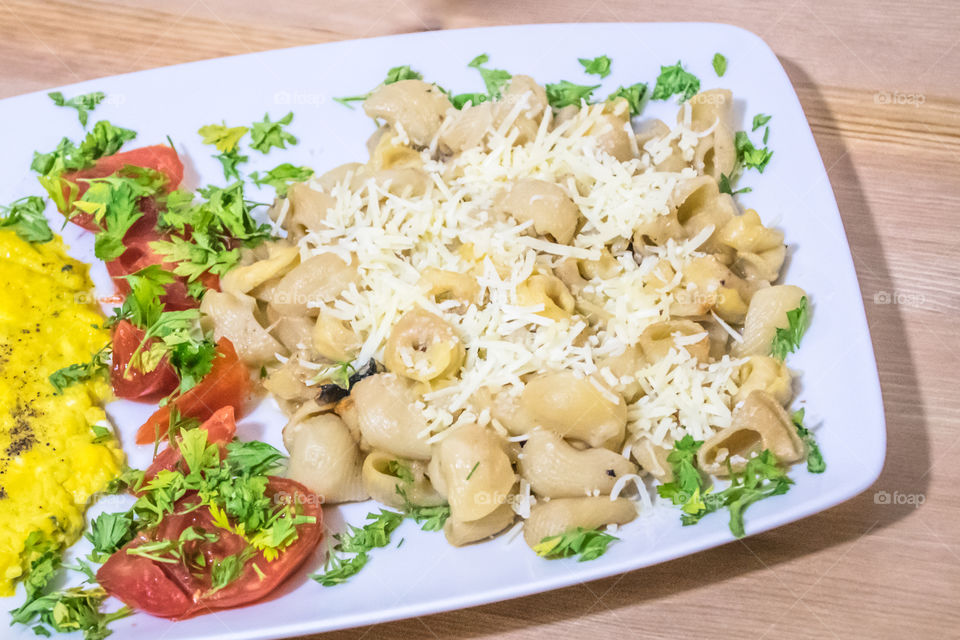 High angle view of pasta in plate