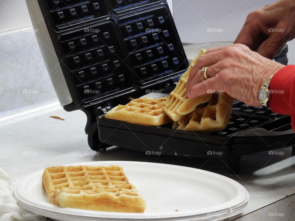 Plating waffles from a waffle iron.