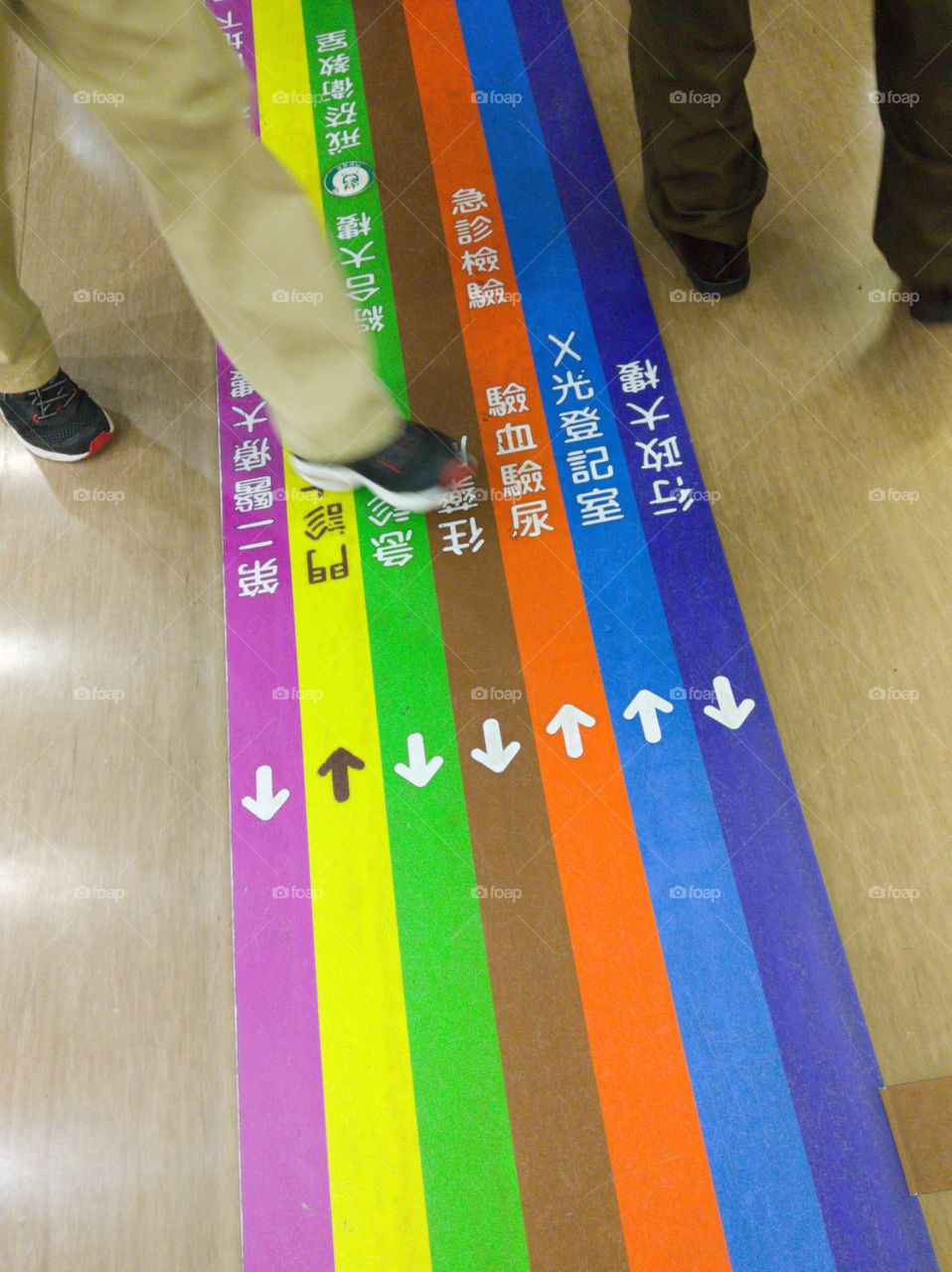 Color vs Black and White: painting several bright colors on the floor, that is a smart way to lead patients' direction in hospital. placticality of color.