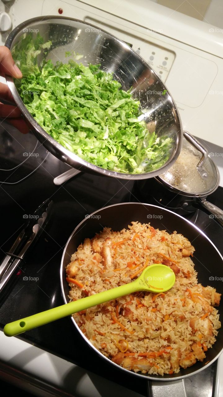 using prepared food to cook some meal with ,lettuce and result of the preparation