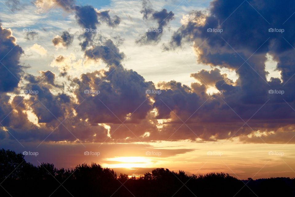 A brilliant sunset on a tree-lined horizon with deeply colored, low-level, cumulous clouds 