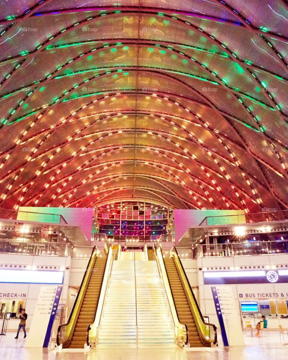 The most stunning train station in California all lit up in every color of the rainbow 