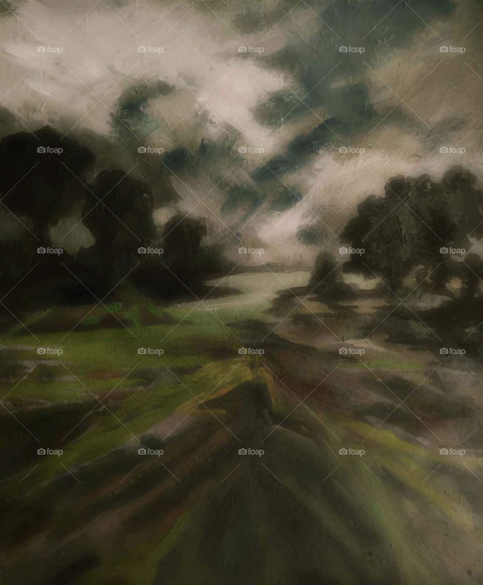 Painting , inspired by Constable , field at night