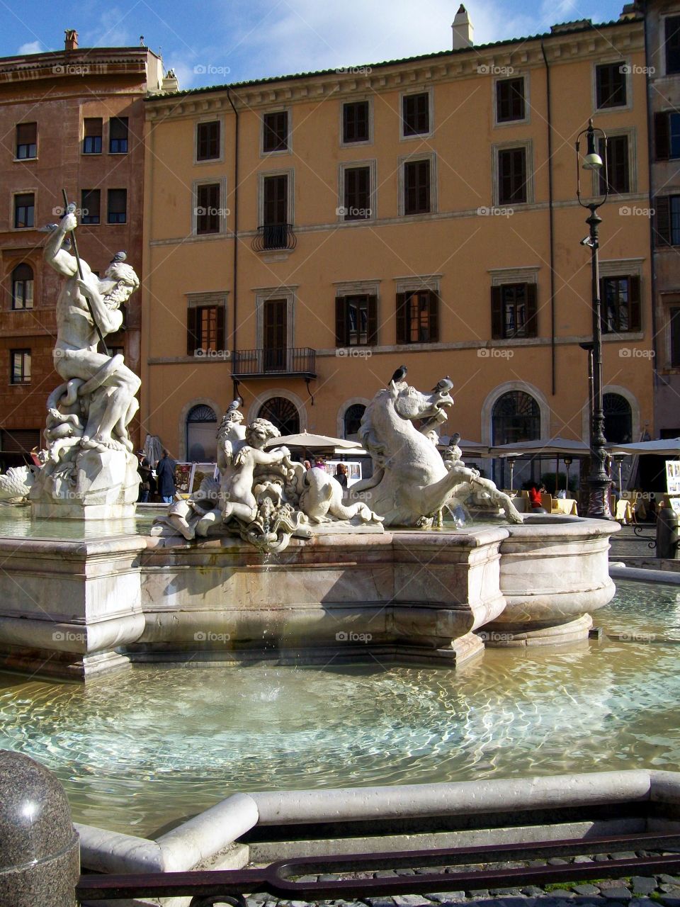 Fountain of Neptune in Rome with several birds resting on the sculpture and bright rippling water below