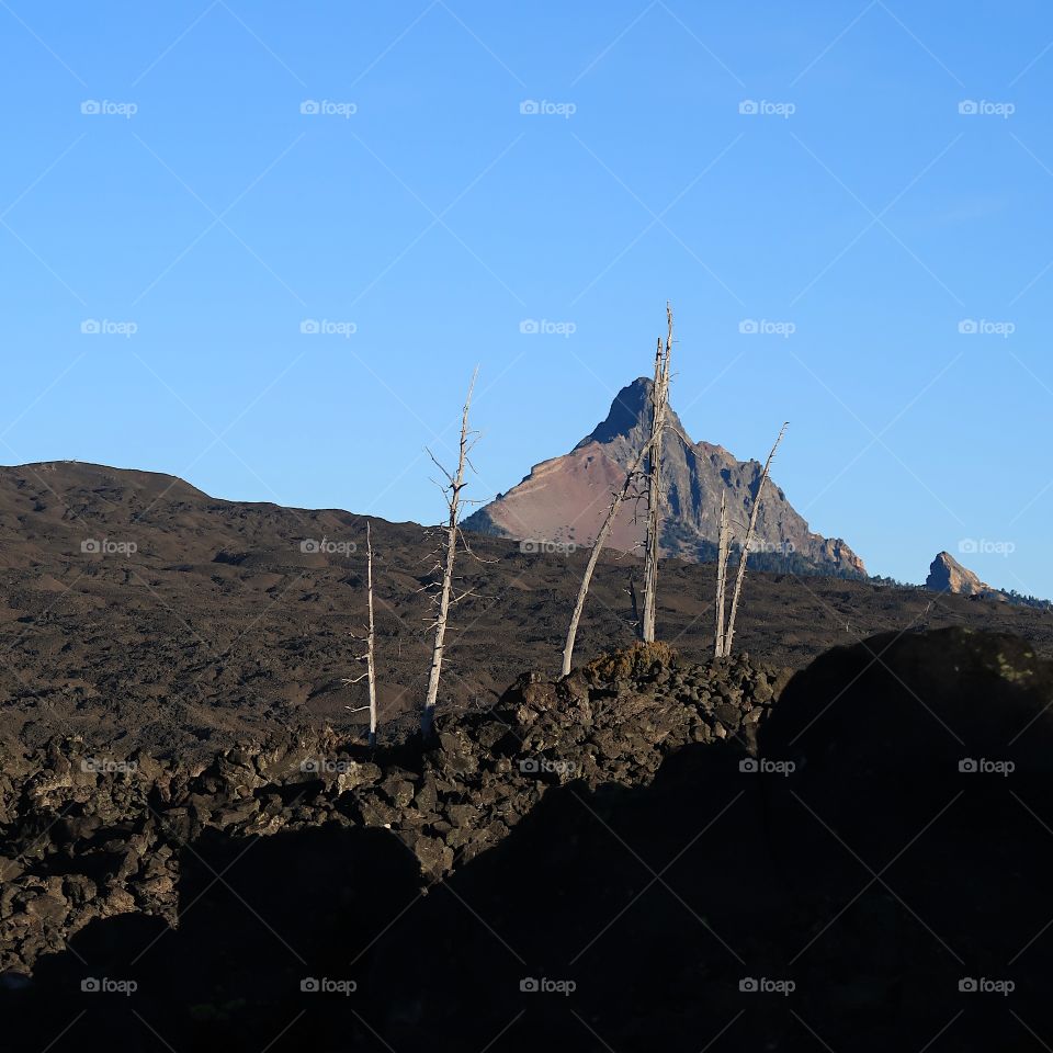 A vast lava rock field leads to the jagged peak of Mt. Washington in Oregon’s Cascade Mountain Range on a sunny fall morning with clear blue skies. 